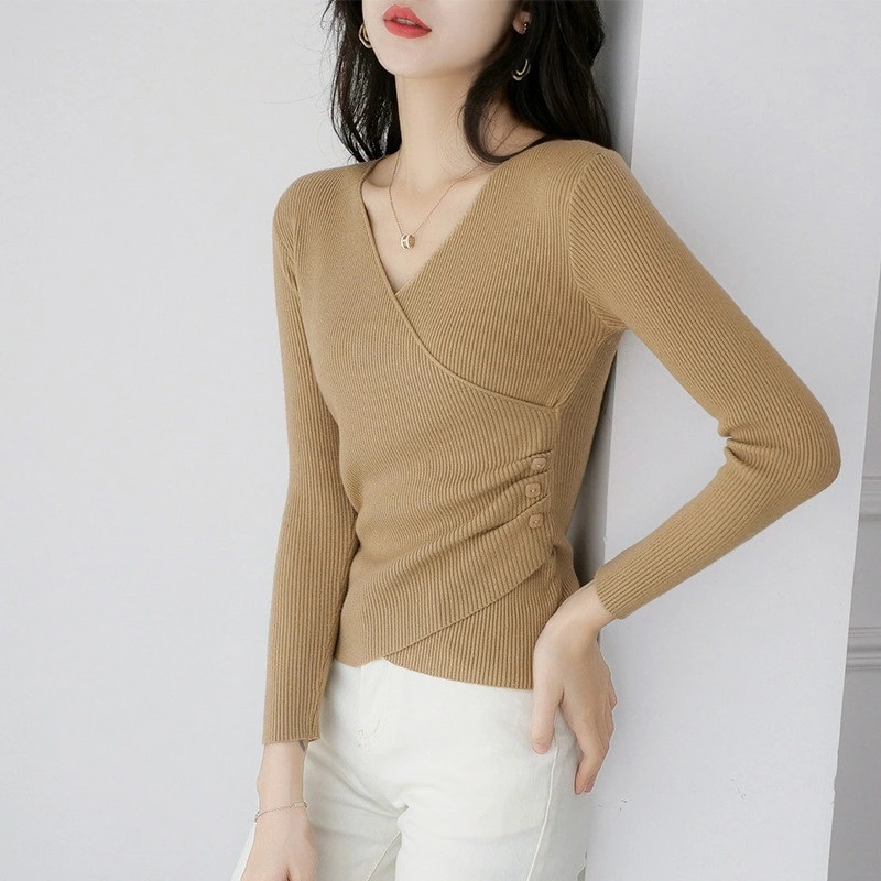 レディース ニットカットソー ストレッチ スリム 女っぽさ 着痩せ 春秋冬 オシャレ ニットセーター Vネック セーター トップス プルオーバー ニットソー Tシャツ カットソー チュニック リブ ニ