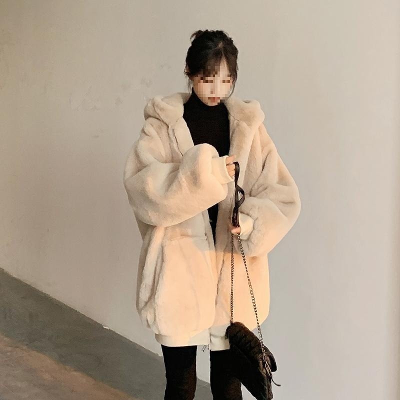 H 韓国スタイルルーズぬいぐるみジャケット女性冬ミッドレングス 2024 厚みのあるフード付き