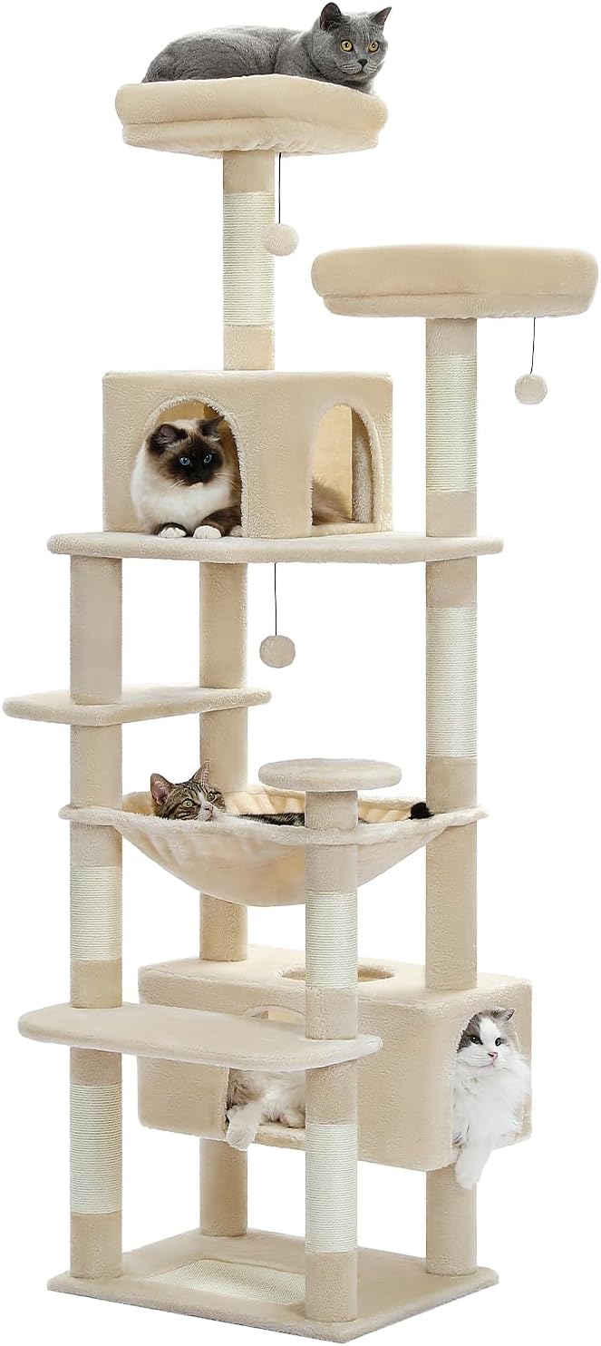 キャットタワー 大型猫用 コンパクト 多頭飼い 据え置き型 スリム ハンモック 麻紐爪とぎポール 猫のおもちゃ 転倒防止ベルト付き 展望台 猫ベッドカバー取り外し可能 運