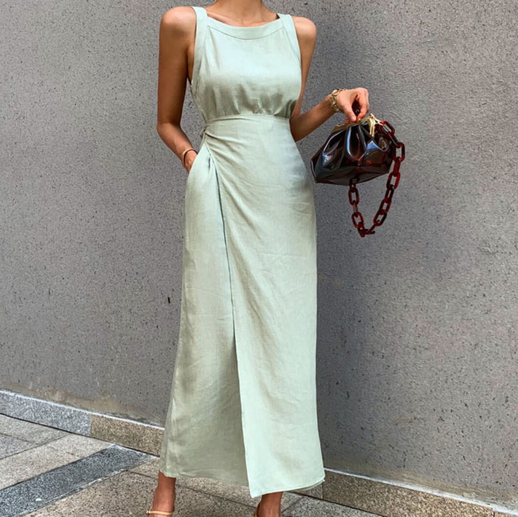 ワンピース タイト 膝丈 スクエアネック ノースリーブ ウエストマーク リボン 細身 ストレート 大人可愛い きれいめ 上品 ラフ かわいい 春 夏 デート お出かけ リゾート 海ュ