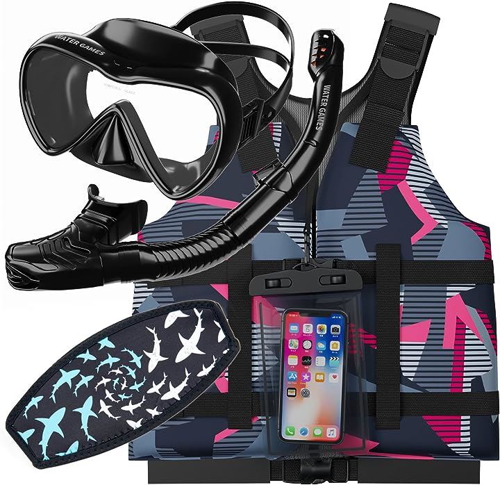 シュノーケル・マスク・ライフベスト3点セット 防水スマホケース マスクのストラップカバー付き(Hセット)