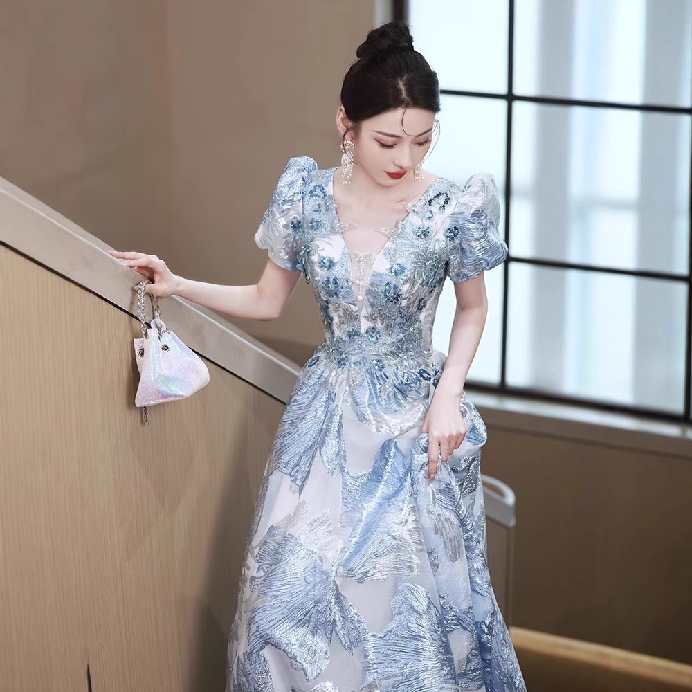 【高級宴会ドレス】ブルー スクエアネック キュート イブニングドレス ワンピース 新作 レディース 高級感 宴会 成人式 卒業式 ドレス 軽奢華 ニッチ