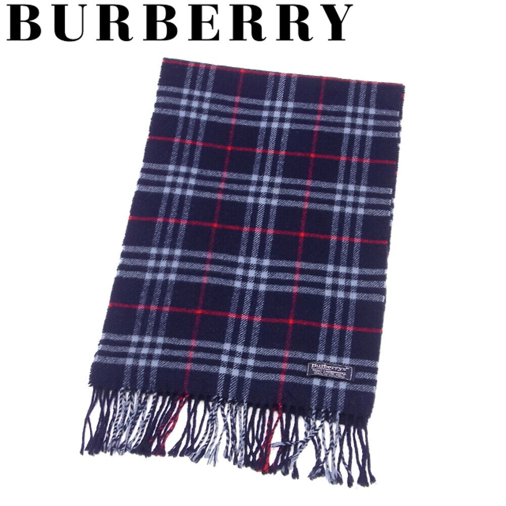 マフラー フリンジ付き チェック ネイビー ブルー レッド 中古