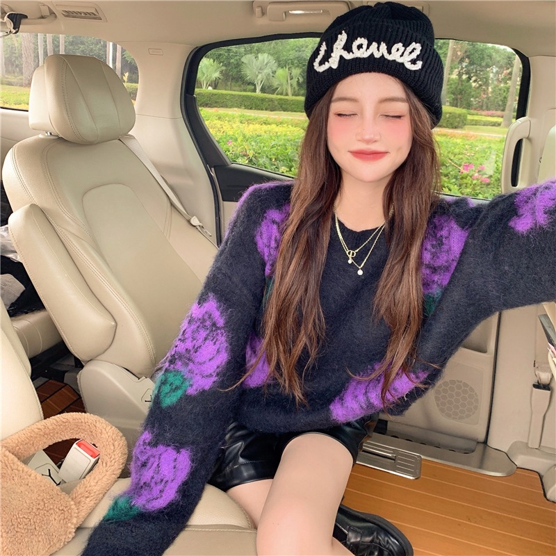 プルオーバー ローズニット モヘアニットセーター トップス セーター クルーネック ニットセーター