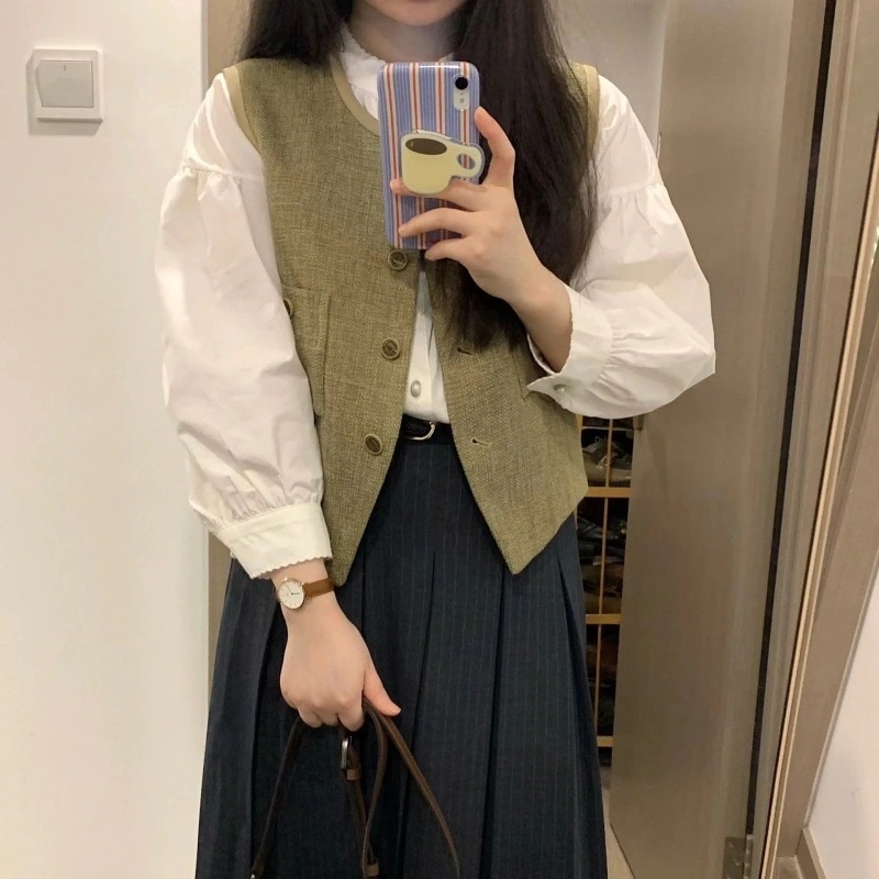 ハイエンドのカスタマイズ-レトロ風ベスト+長袖シャツ初秋新作スリーピーススーツハイウエストストライププリーツスカート