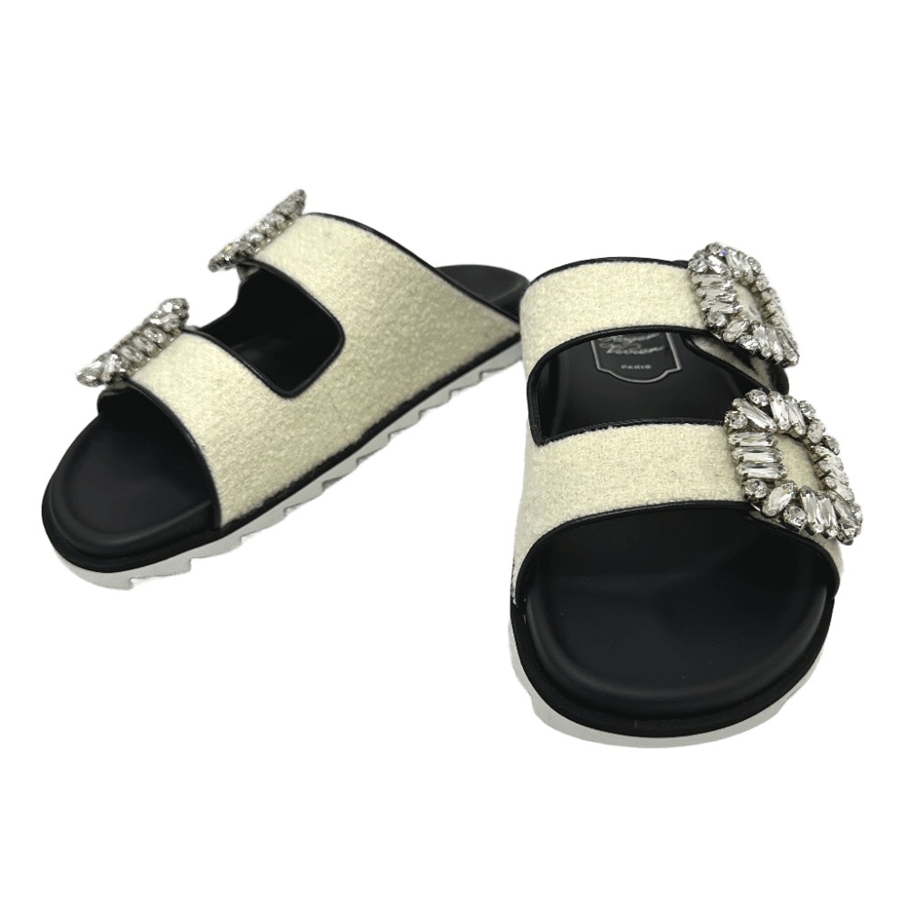 ROGER VIVIER ロジェヴィヴィエ サンダル スライディー ヴィヴ ストラス ビジューバックル 靴 ベルト ツイード ホワイト