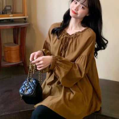 マタニティチュニック トップス チュニック ブラウス ロング丈 長袖 ラウンドネック Aライン