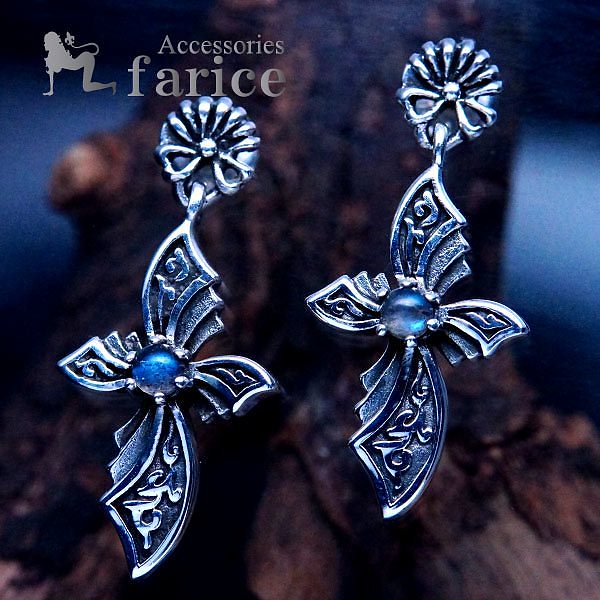 シルバーアクセサリー スタッド ピアス クロス 十字架 花 フラワー ツタ 天然石 ブルームーンストーン メンズ シルバー925