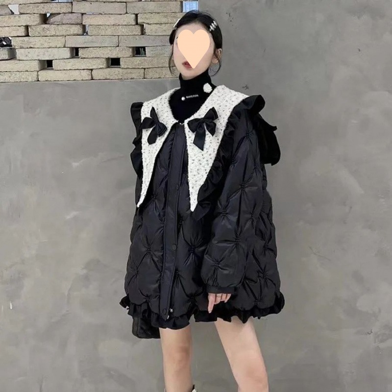 2024 レディース冬新作プリンセスリボンドールカラーレトロルーズミドル丈ダウンジャケットレディース厚みのあるジャケット
