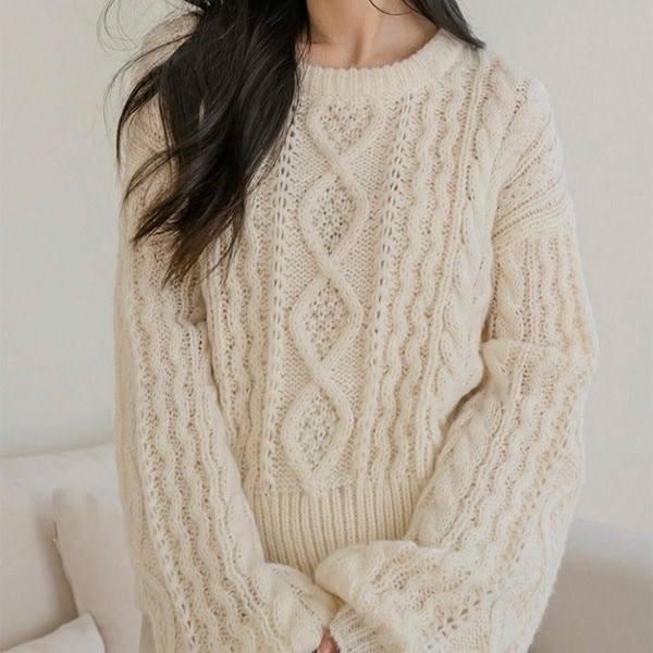 レディース トップス ニット セーター プルオーバー 長袖 Uネック ラウンドネック フェミニン ストリート ケーブルニット かわいい 大人可愛い シンプル カジュアル おしゃれ かっこいい レトロ