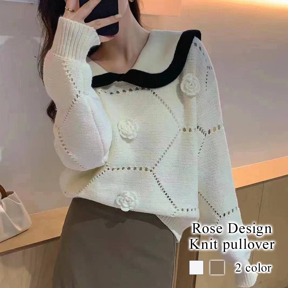ブラウス レディース 薔薇デザインニットプルオーバー 黒 ノーアイロン ワンピース Tシャツ 春 レース 安い カットソー ブランド スーツ オフィス カジュアル 冬 秋 きれいめ 高品質 人気 フォ