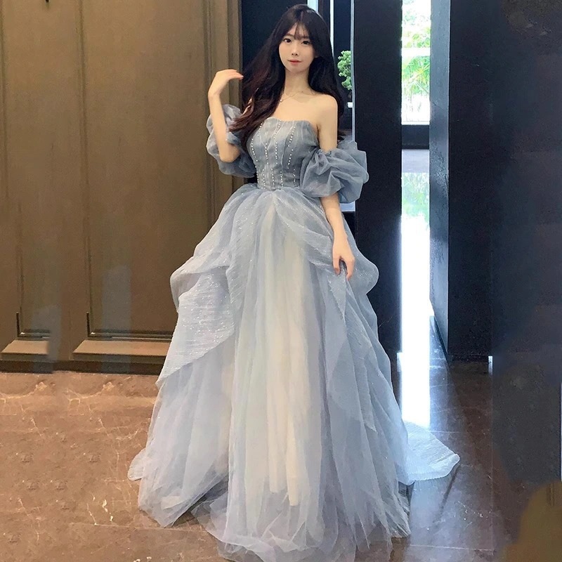 ブルーシースイブニングドレスンピース ロング 入学式 宴会 結婚式 ドレス パーティードレス お呼ばれ 披露宴