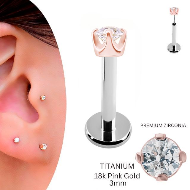 18金 ピンクゴールド 3mm 立爪 プッシュ ピアス 20g 18g 16g 14g 18Kゴールド チタンピアス 金属アレルギー対応 ラブレットスタッド ボディピアス ロブ 軟骨ピアス