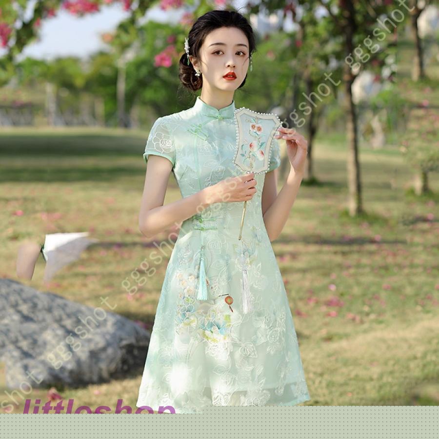 【激安販売】春夏秋 チャイナドレス ドレス ショートワンピース お茶サービス 中華風 花柄 レトロ レディース 気質 緩い オーガンザ 刺繍 ロングスカート Aラインスカート