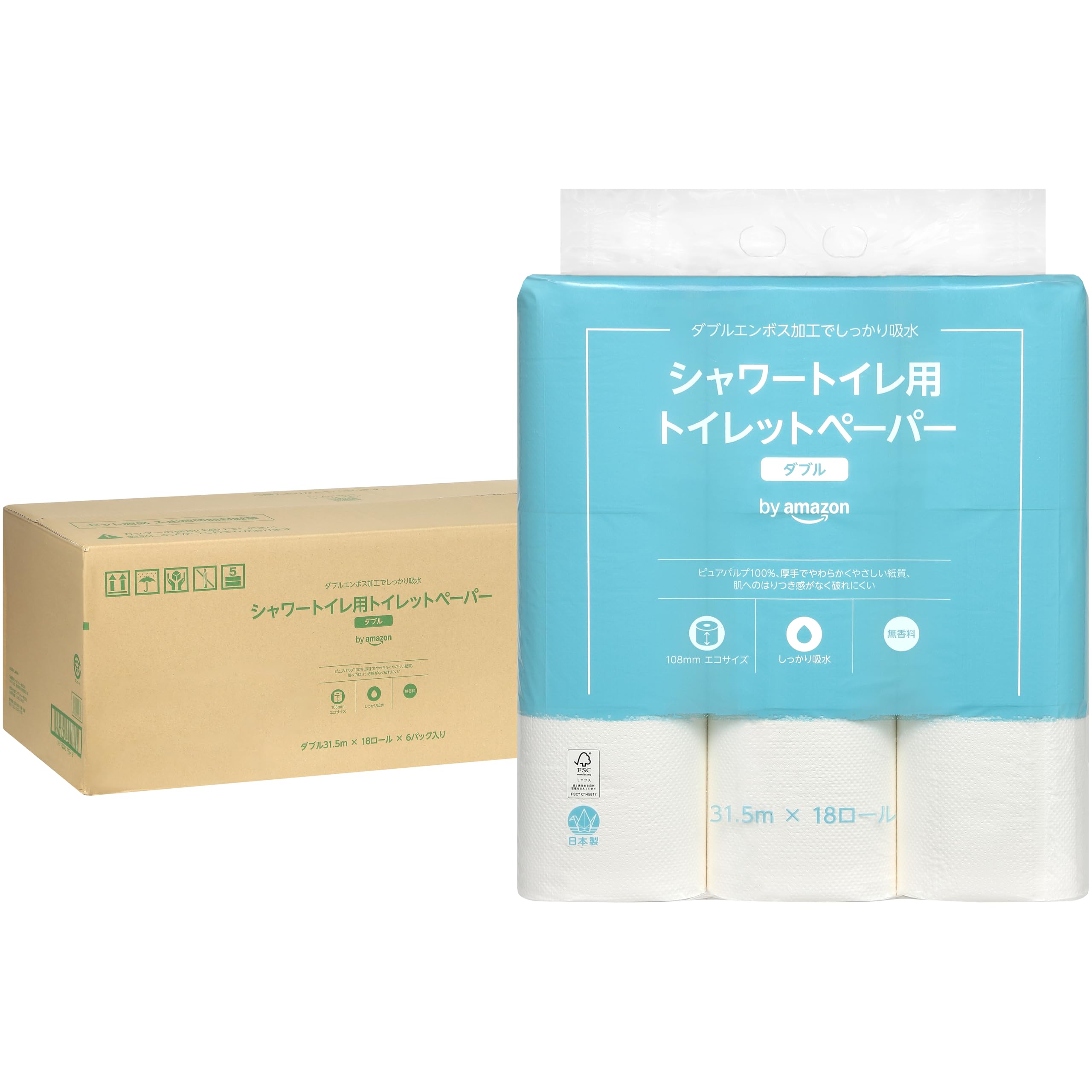 by Amazon 【ケース販売】シャワートイレ用トイレットペーパー FSC認証紙 １０８ロール（１８ロール X ６パック）ダブル 無香料