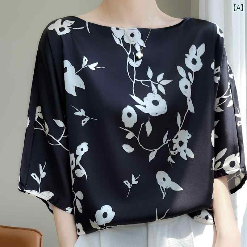 レディース トップス シンプル おしゃれ ラウンドネック プリント 袖 サテン 半袖 Tシャツ