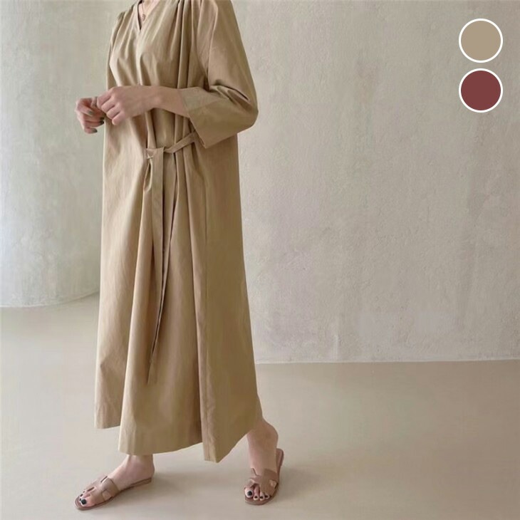 Vネック マキシワンピース ワンピ サイドリボン 七分袖 肩ギャザー 楽ちん シンプルレディースファッション ワンピース