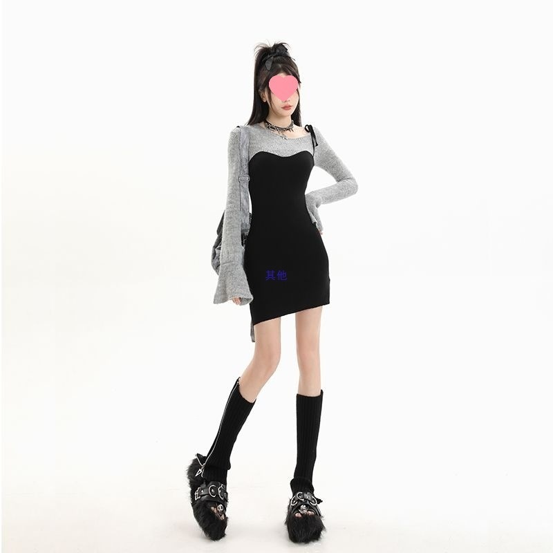 甘辛ピュアラストセーターと黒のニット長袖ヒップスカートワンショルダーサスペンダーフェイクツーピースドレス女性用