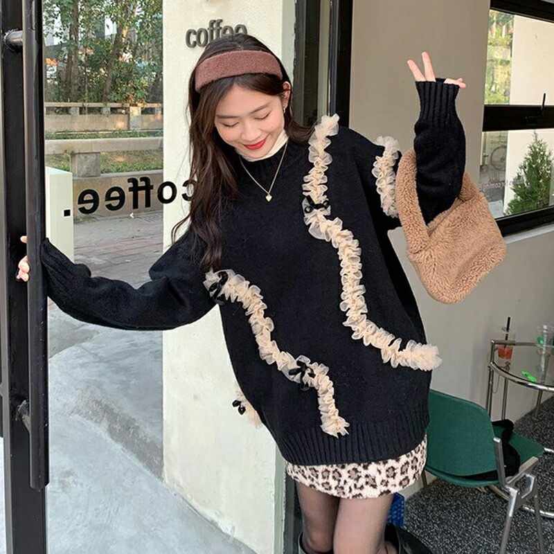 長袖 オーバーサイズ ボーダー柄 ラウンドネック 冬服 春服 切り替え トップス ミディアム丈 ゆったり ガーリー ニットセーター 秋服 プルオーバー レディース 可愛い カジュアル ニット セーター