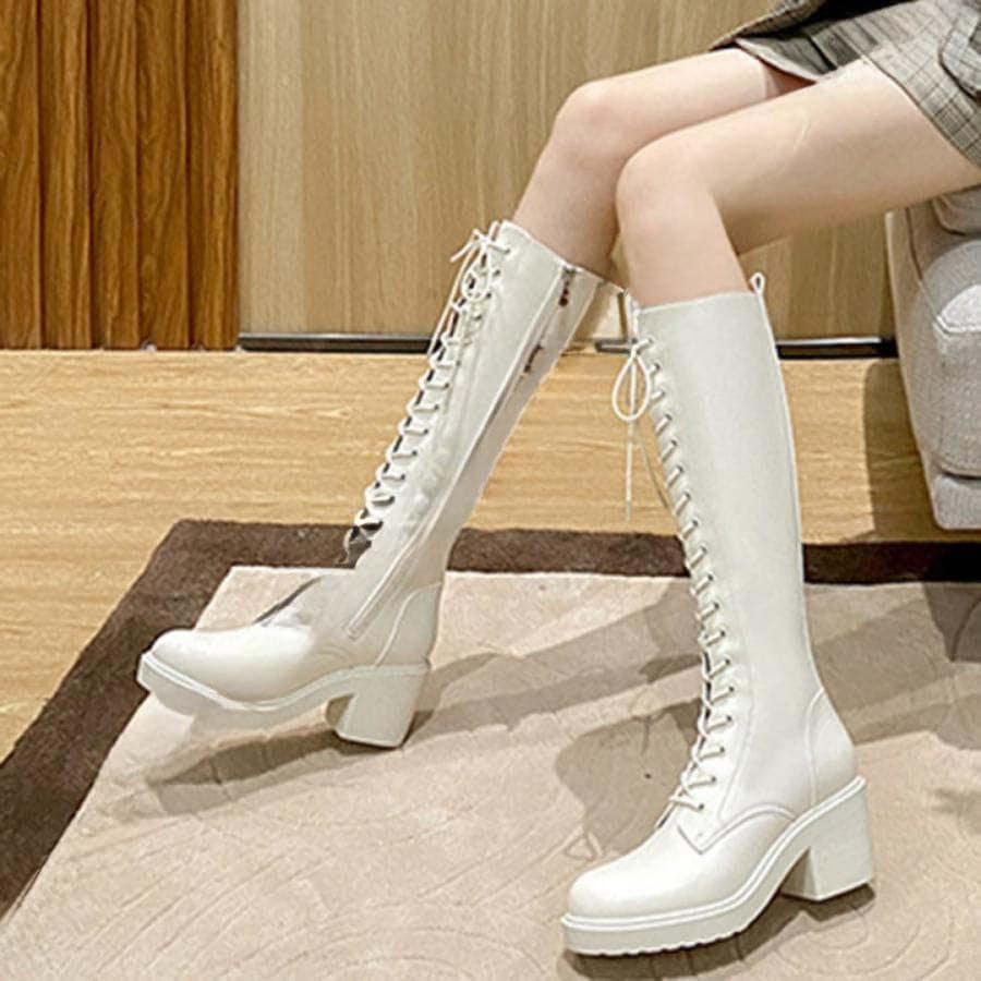 2025新品 数量限定 厚底ブーツ ロングブーツ レディース 6cmヒール 編み上げブーツ チャンキーヒール 太ヒール 黒 白 レースアップ サイドジッパー ダンスシューズ ワークブーツ 短納期