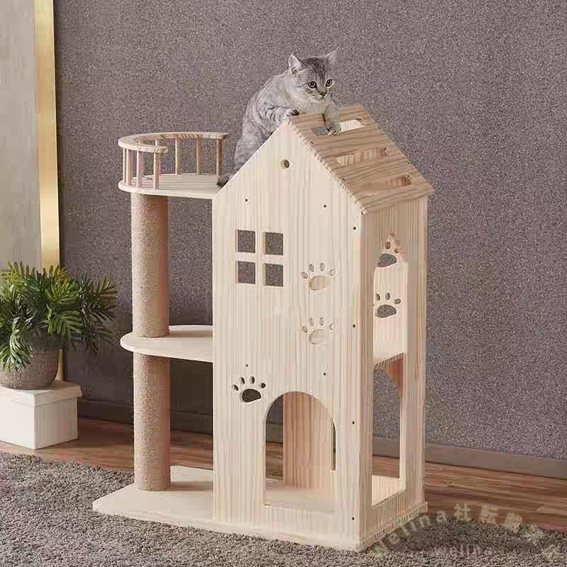木製キャットタワー 突っ張り式 大型猫/多頭飼い対応 透明宇宙船 サイザル麻紐爪とぎ 見晴台付き 掃除簡単 お手入れラクなキャットツリー