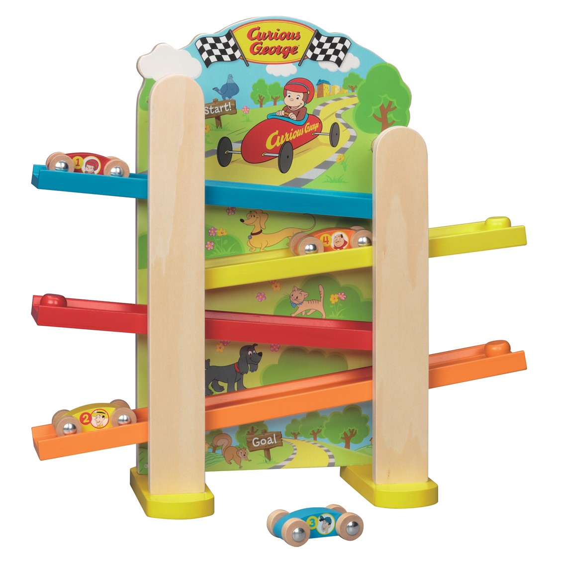 おさるのジョージ 木製 スロープカーレース 木のおもちゃ ベビーおもちゃ 室内遊具 知育玩具 室内遊具プレゼント【1歳6か月～】