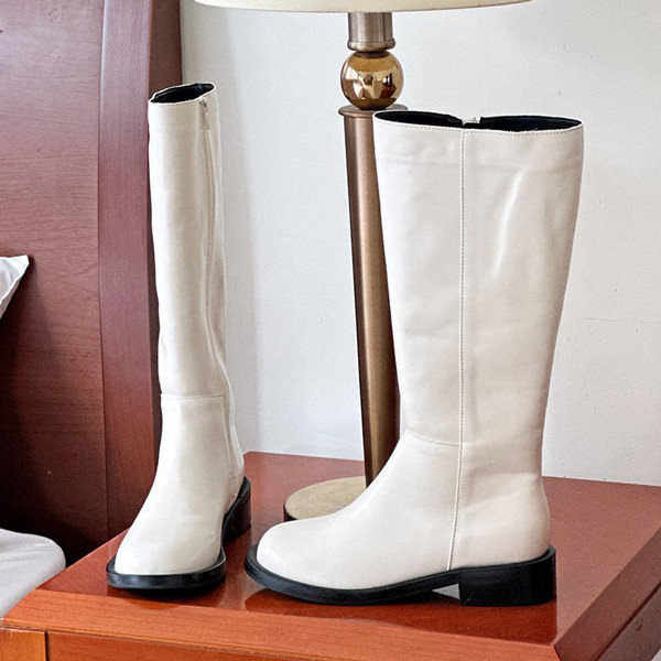 ロングブーツ サイドジップ フラット レディース ローヒール 黒 ブラック アイボリー 歩きやすい 痛くない カジュアル シンプル 靴 婦人靴 韓国