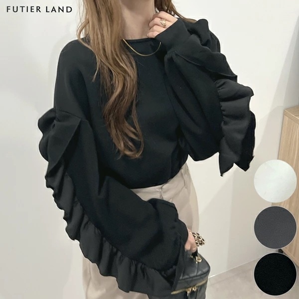 スウェット フリル 軽量 暖かい ショート 刺繍 ロゴ刺繍 華奢見え 細見え レディース カジュアル 韓国ファッション / ダンボールニットボリュームフリルスリーブプルオーバー