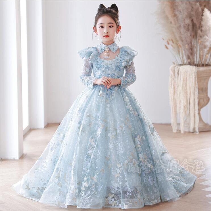 新しい秋のスタイル 子供ドレス 豪華 高級感 チュールドレス 花柄 刺繍 女の子ドレス ロングドレス トレーンドレス フォーマル 七五三 結婚式 ピアノ発表会 誕生日 パーティー Lucky Shop