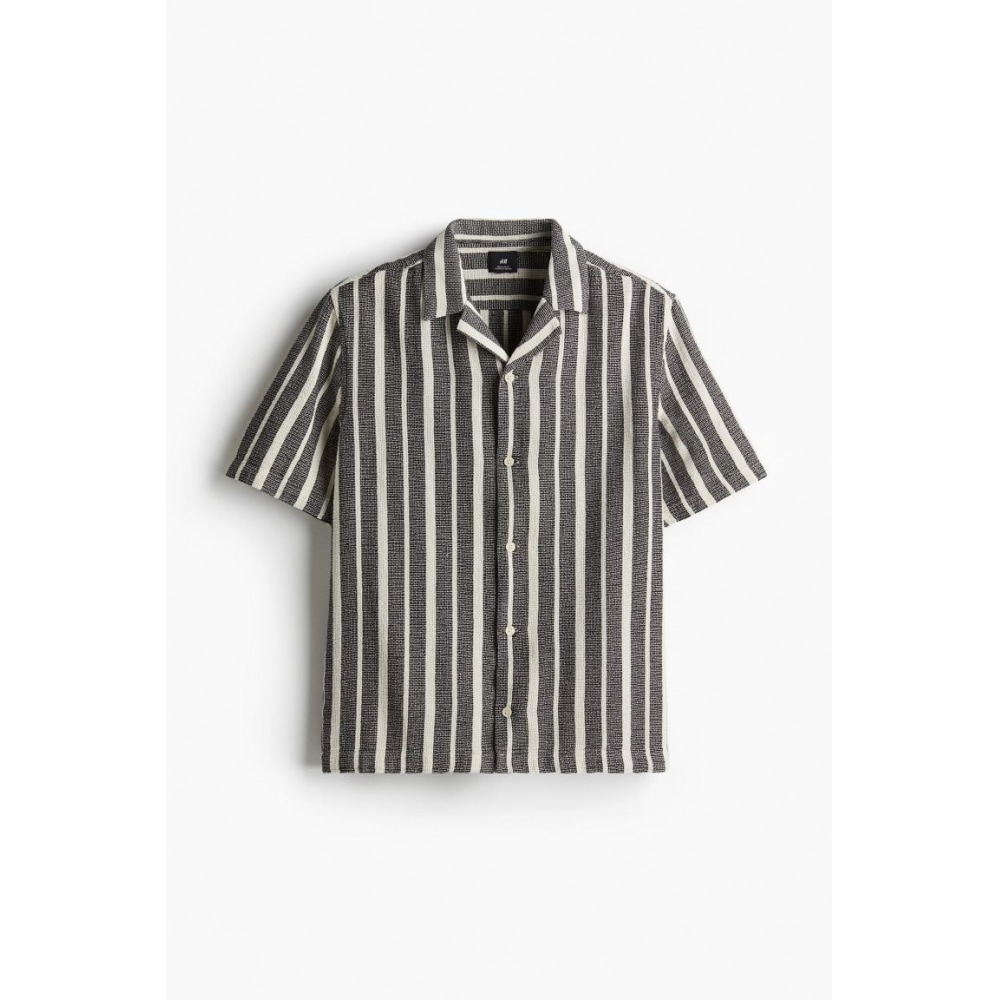 H&M テクスチャードキャンプシャツレギュラーフィットネイビーブルー/ストライプ