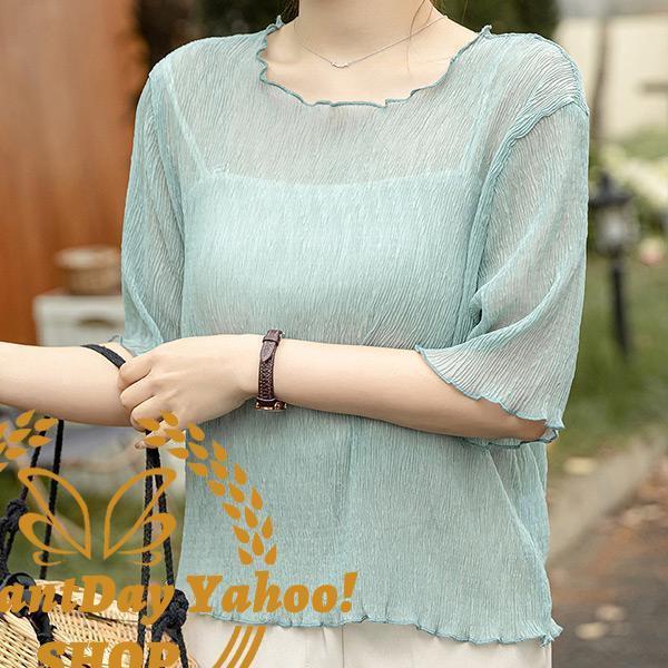 トップス レディース 楊柳 半袖 五分袖 カットソー おしゃれ かわいい 夏 黒 シアー素材 無地 シースルー