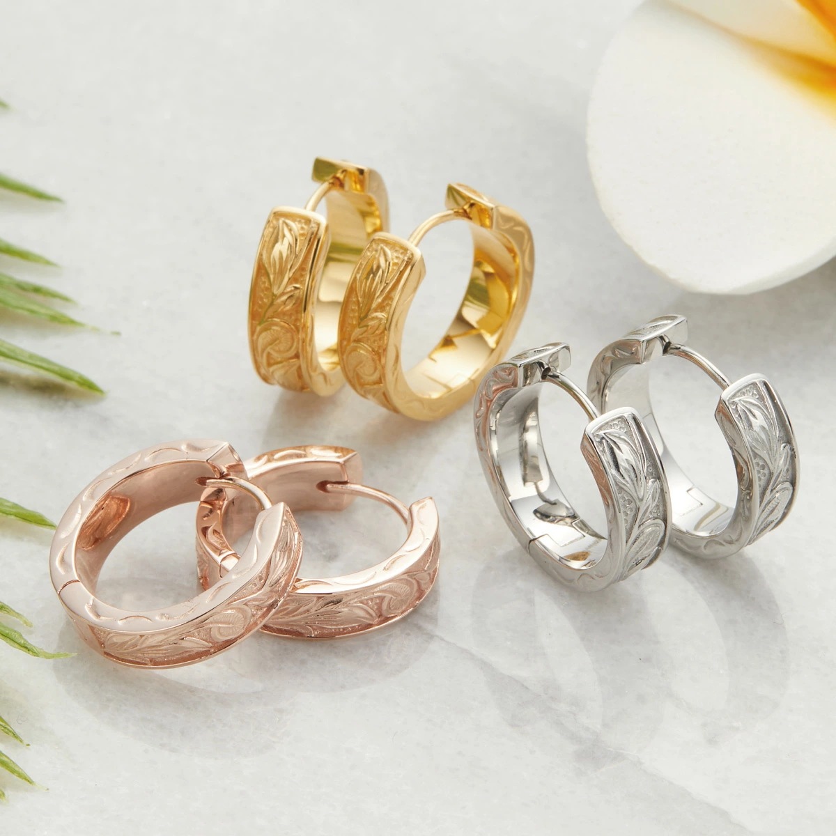 フープピアス 両耳用 レディース サージカルステンレス316L ハワイアンジュエリー スクロール 波