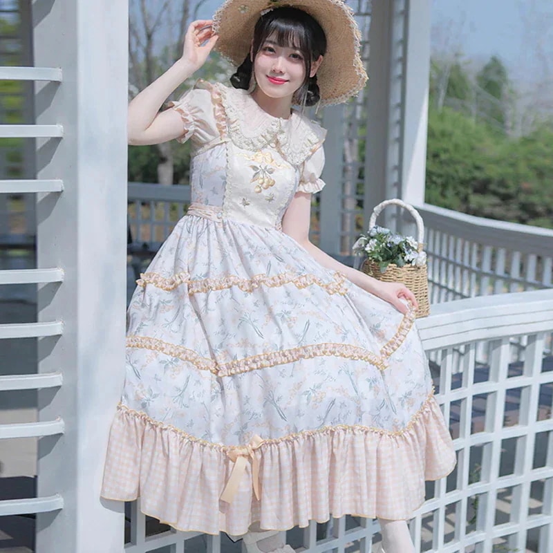 ロリータワンピース 夏 田園風 ドレス プリント 柄ワンピ 花柄 jsk 舞台 キャミソールワンピース ロング フリル 刺繍 コスプレ コンカフェ キャミワンピ コスチューム 変装 仮装