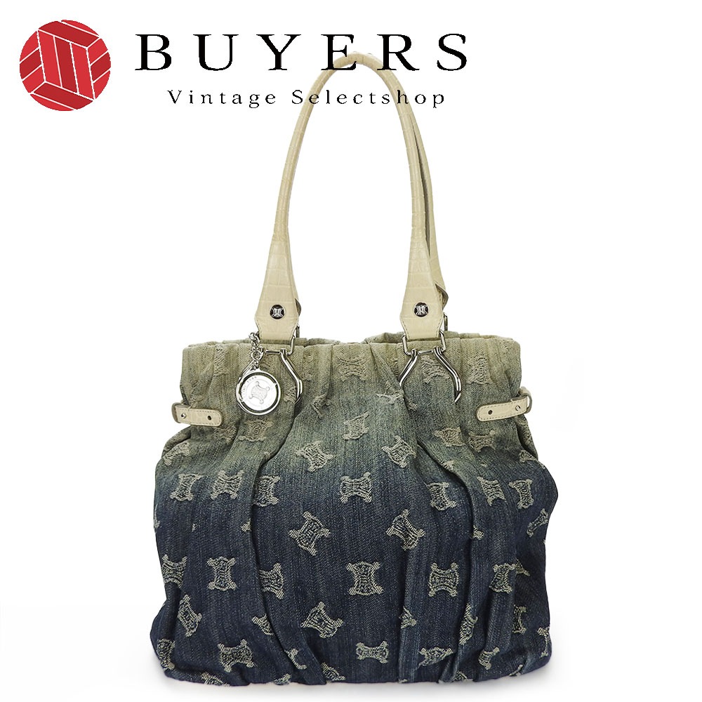 中古 CELINE セリーヌ トートバッグ デニム インディゴ アイボリー レザー シルバー金具 マカダム 普段使い レディース 女性 カジュアル tote bag denim leather 【中古