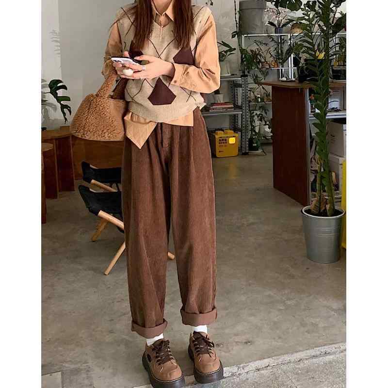 パンツ レディース 秋 冬 カジュアル ボトムス ブラウン コーデュロイ ワイド レッグ ハイウエスト スリム ストレート レトロ