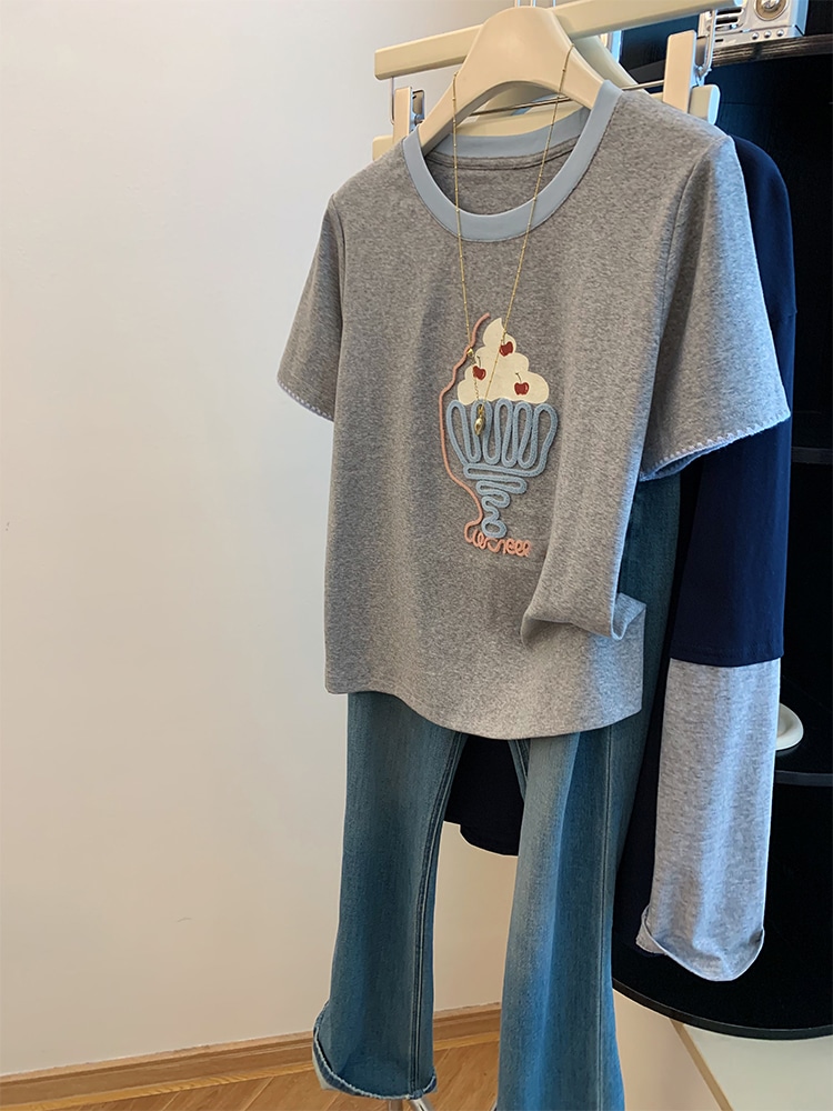 【1点ご購入 で10点プレゼントいたします】灰色アイス刺繍感半袖Tシャツ女の子2025ぶつけ色丸首減齢正肩上着