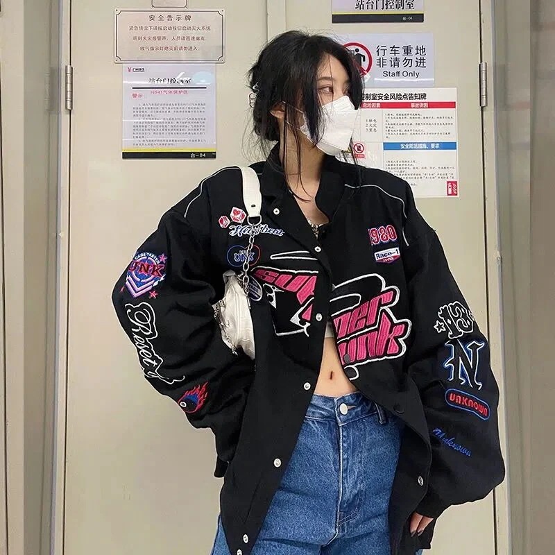 アメリカンレトロ刺繍レーサーインズ野球服男女同じクラインブルーのコートペアルックジャケットライダース スウェット