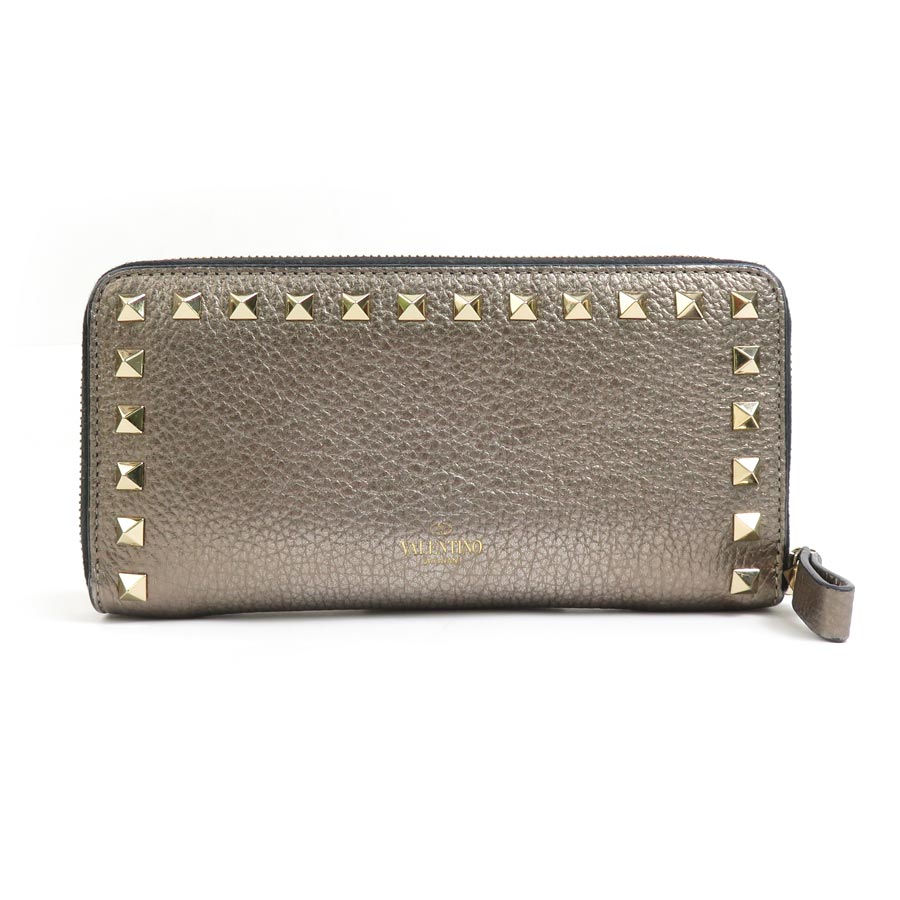 ヴァレンティノ ガラヴァーニ Valentino Garavani ラウンドファスナー長財布 ロックスタッズ レザー ゴールド×ブラック レディース 55924g