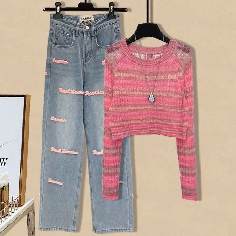 ハイエンドのカスタマイズ-年齢を軽減する美しくスタイリッシュなスーツ2025秋の新作の薄手のセータートップと文字刺繍のワイドパンツの組み合わせ