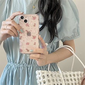 iphone15promax iphone 13/14対応携帯電話ケース/12メス対応韓国の優しいピンクの花柄猫