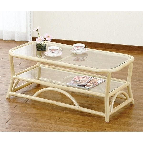 ラタンテーブル 籐家具 ガラス天板 棚付 幅100cm