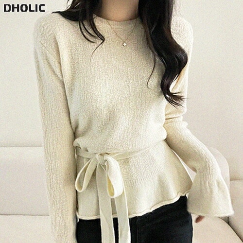 ラウンドネックスリムベルスリーブ長袖フレアニットストラップ付・1952740