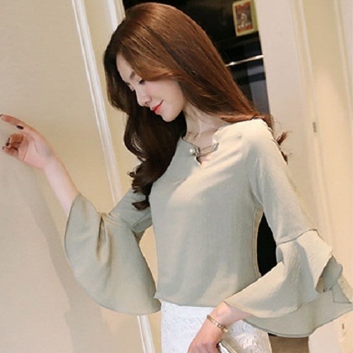 2060.パールピン付きフリルスリーブトップス(グリーン)