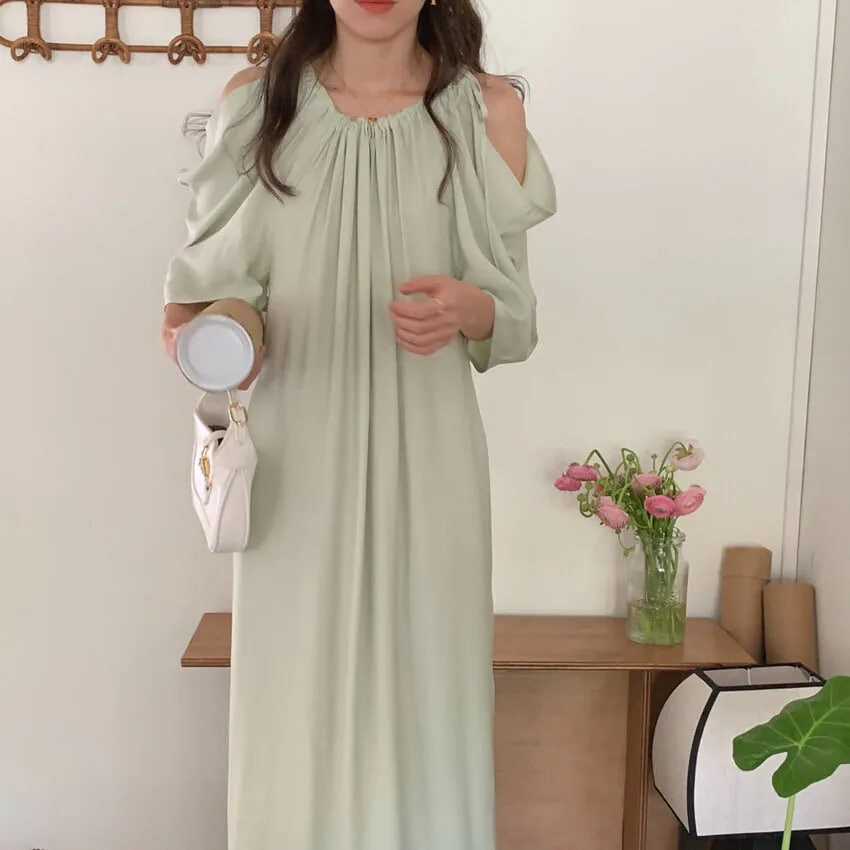 ワンピース シフォンワンピース 肩出し ロングワンピース ロング丈 マキシ丈 ギャザー ドレープ