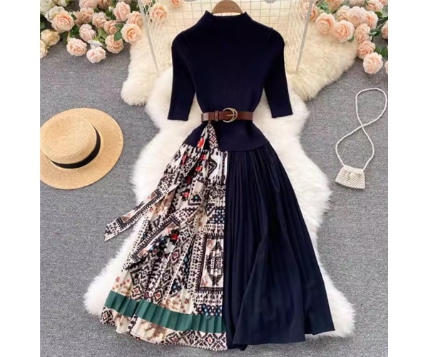レディース フェイクツーピース ドレス ワンピース 民族衣装風 ニットドレス ニットワンピース パーティー ミモレ ロング 半袖 5分袖 ラウンドネック Aライン プリーツ フリンジ ウエストマーク