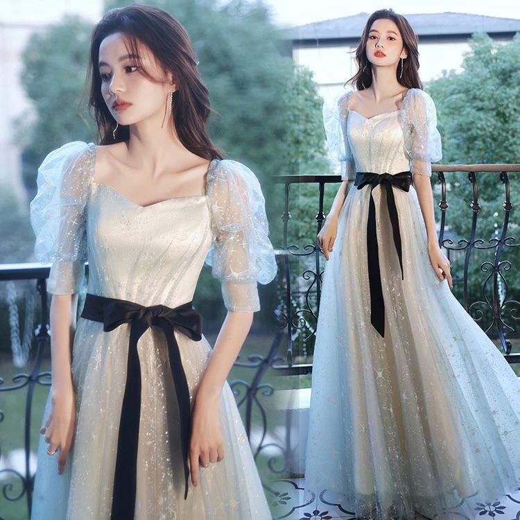 送 料 無 料 全3色 イブニングドレス ブルー グラデーション オシャレ ロングドレス ミモレ丈ドレス 2タイプ 結婚式ドレス 二次会ドレス Aライン ロング 発表会ドレス ワイン赤 シャンパン色