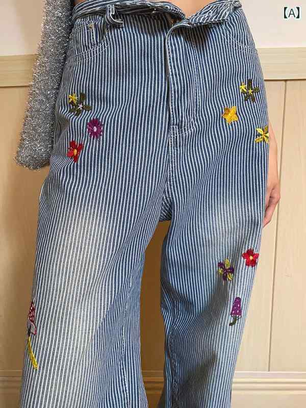 デニムパンツ レディース ジーンズ おしゃれ カジュアル ストライプ 花 刺繍 ハイウエスト ストレート ワイドパンツ 韓国 ブルー