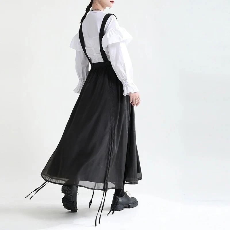 【J.Fashion】 サロペット キャミスカート レースアップ ロングスカート 巾着 スリム ハイウエスト レディース スカート メガ割30%までに制限