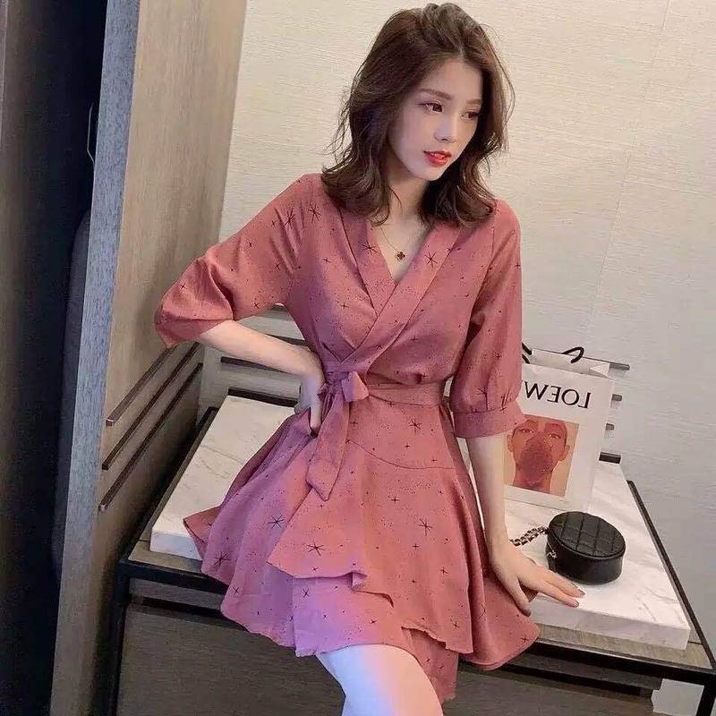 カシュクール フレア ワンピース レディース 2色 桃 白 アプリコット ピンク ラップ 巻き S M L シフォン 透け感 ミニ スカート 袖あり 春 夏 秋 10代 20代 膝丈 ミニ丈 パステル