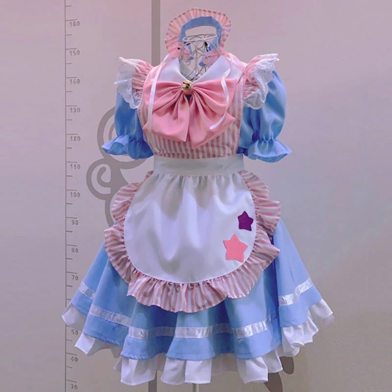 青色+ピンクメイド服 星付きエプロン 豪華セット ワンピース